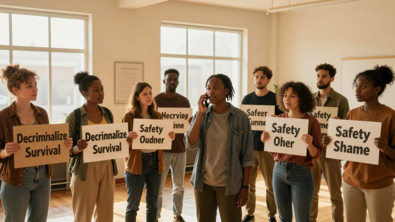 A group of diverse people in a community center holding signs for decriminalization, one speaking on the phone.