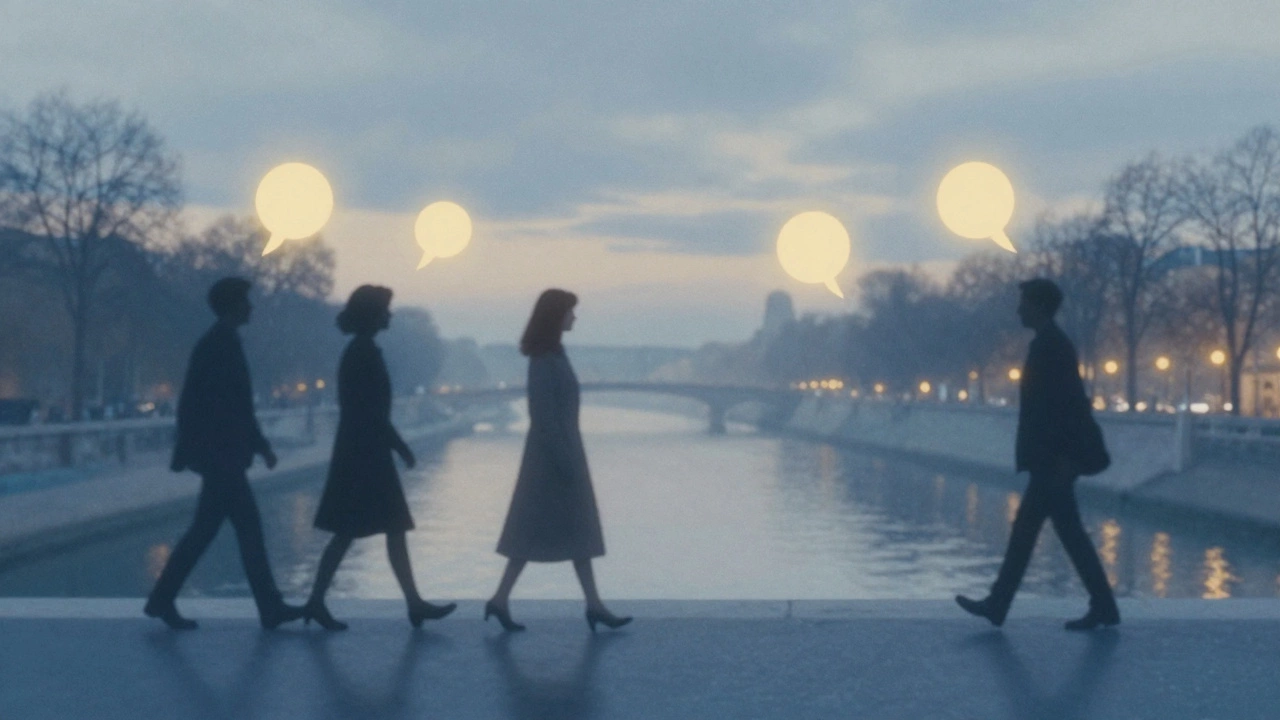 Abstract figures drift beside a woman at dawn over the Canal Saint-Martin, surrounded by glowing moments of connection.