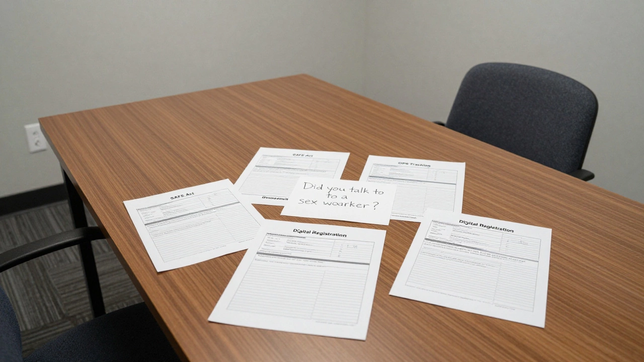 An empty government meeting room with restrictive bills on the table and a note questioning if sex workers were consulted.