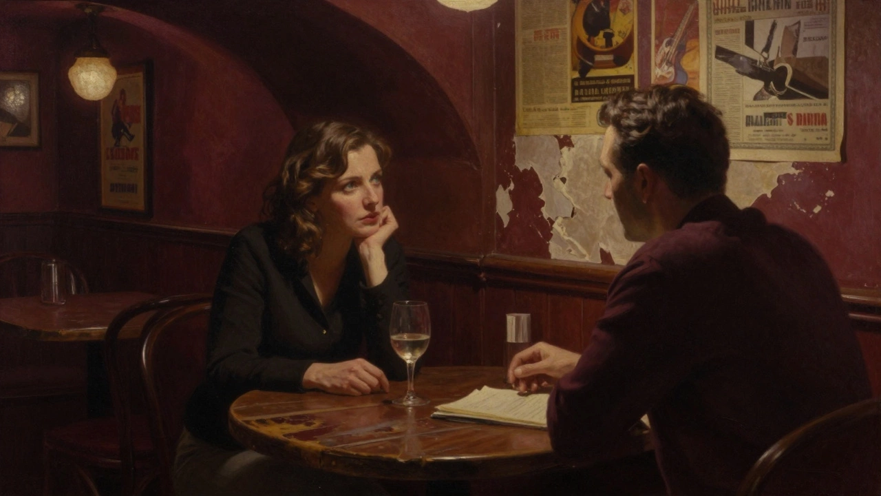An intimate evening in a hidden jazz bar, a woman listens closely to a man over wine in soft lamplight.